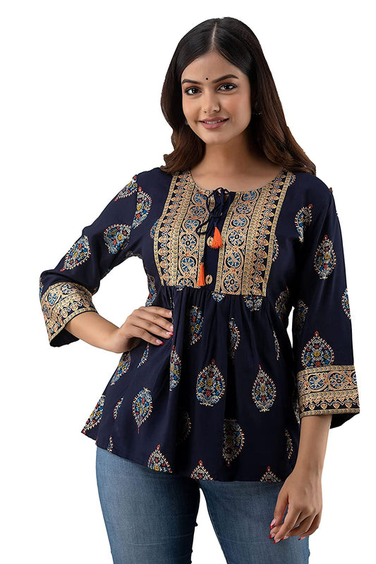 Women's Rayon Classy Printed Navy Blue Top