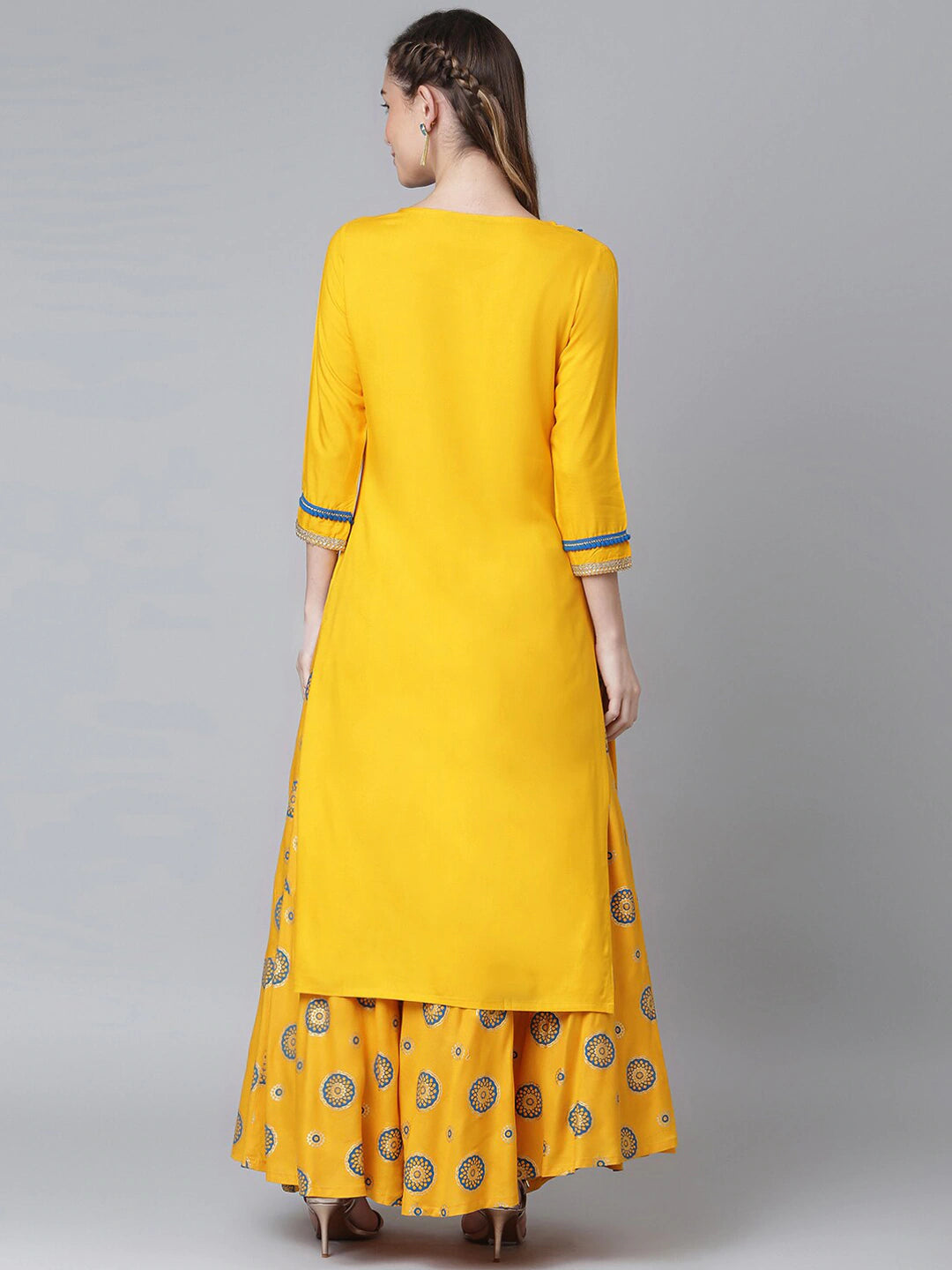 Women's Rayon Solid Kurta With Printed Skirt Set
