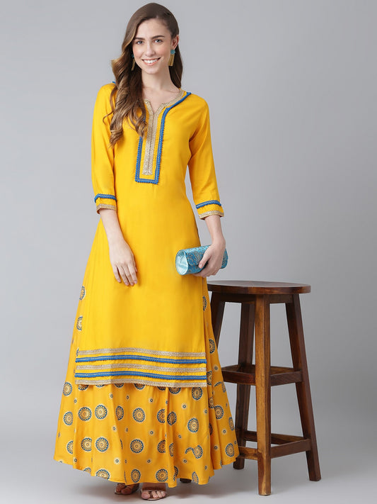 Women's Rayon Solid Kurta With Printed Skirt Set
