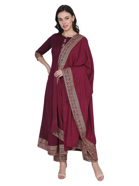 Women's Wine Color Printed Kurta Palazzo Set