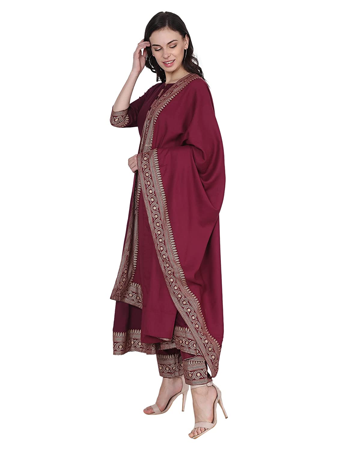 Women's Wine Color Printed Kurta Palazzo Set