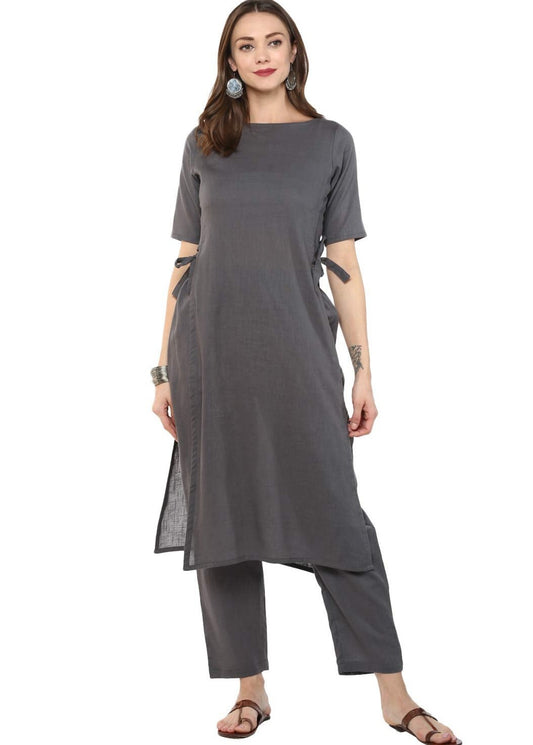 Women's Grey Green Cotton Kurta Set