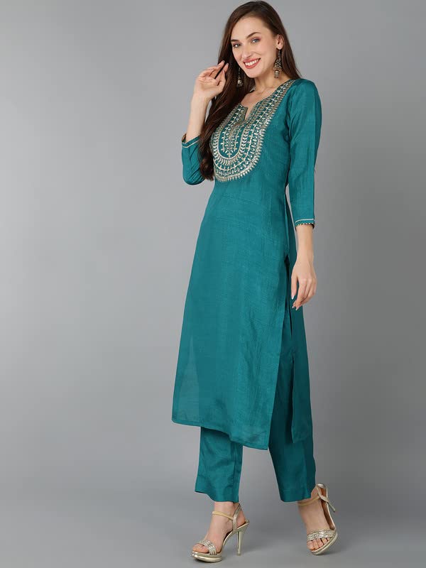 Women's Silk Blend Yoke Design Solid Kurta Trousers with Dupatta