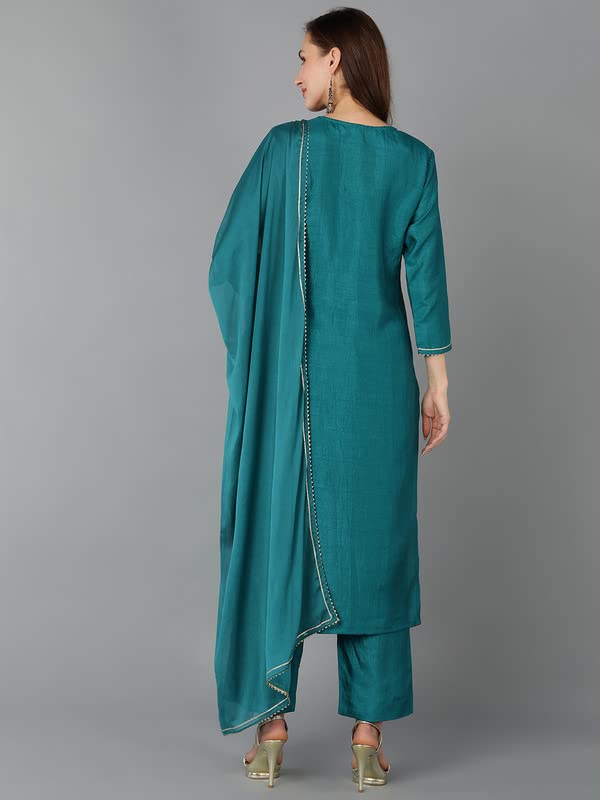 Women's Silk Blend Yoke Design Solid Kurta Trousers with Dupatta