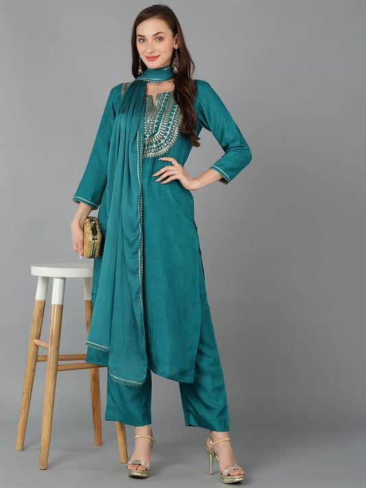 Women's Silk Blend Yoke Design Solid Kurta Trousers with Dupatta