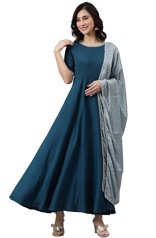 Women's Teal Rayon Kurta With Dupatta