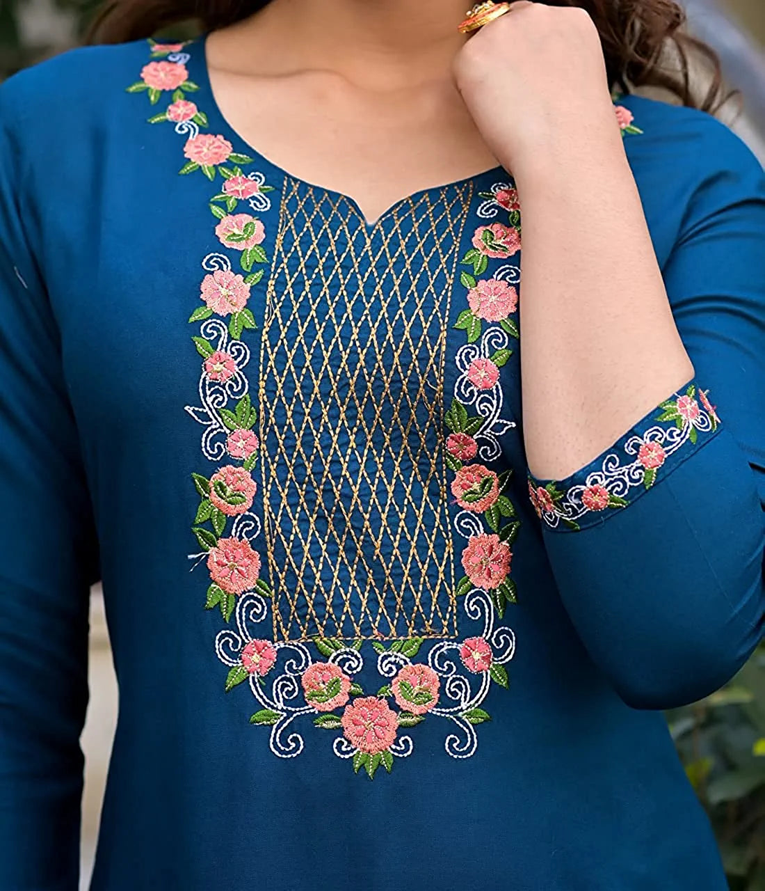 Women Rayon Embroidered Straight Kurta Palazzo Set