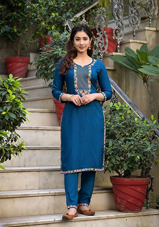 Women Rayon Embroidered Straight Kurta Palazzo Set