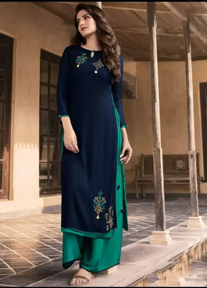 Women Blue Green Kurta and Palazzo Set Viscose Rayon