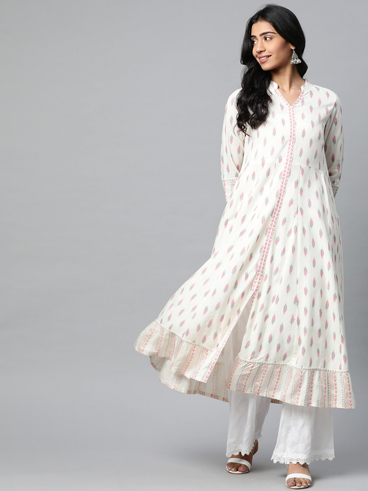 Women Off White & Pink Anarkali Kurta