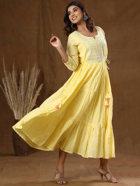 Yellow Embellished Cotton Midi Dress
