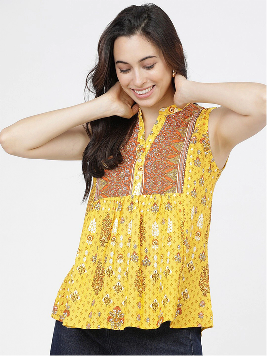 Yellow Floral Mandarin Collar A-Line Top