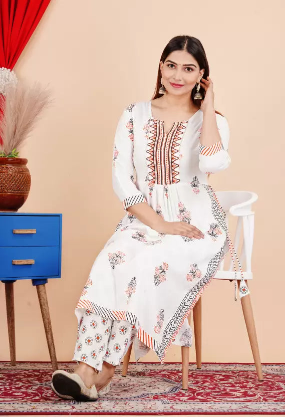 Women White Viscose Rayon Nyra Cut Kurta and Pant Set