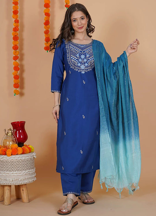Women Silk Blend Blue Kurta set with 2-tone Dupatta