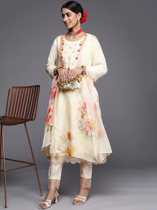 Cream Floral Embroidered Thread Work Cotton Kurta with Trousers & Shawl