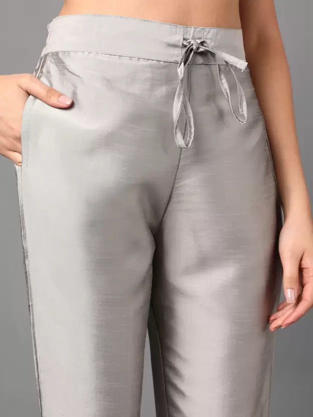 Women Silk Blend Grey Kurta and Trousers Set