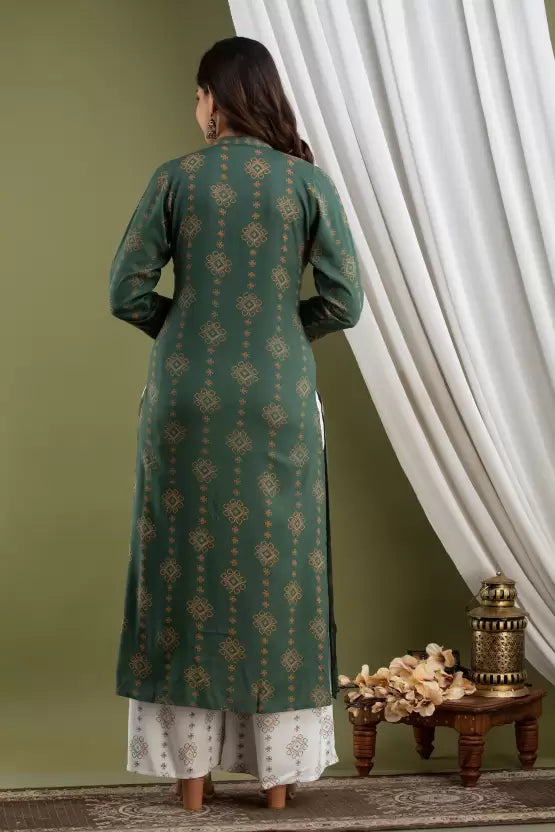 Women Mandarin Collar Viscose Rayon Kurta and Palazzo Set