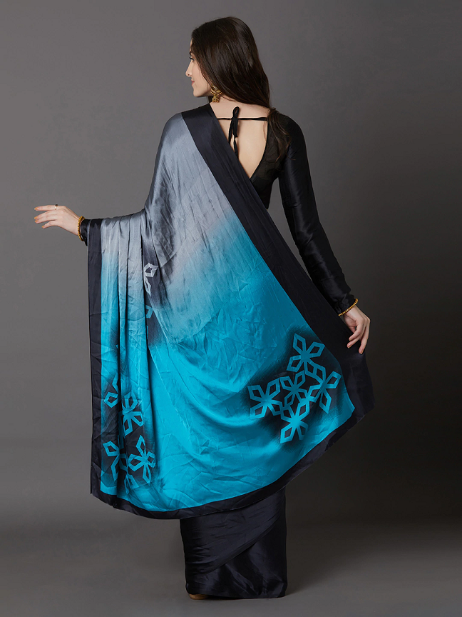 Poly Crepe Black & Blue Printed Saree