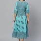 Blue & Green Printed A-Line Dress With Mask