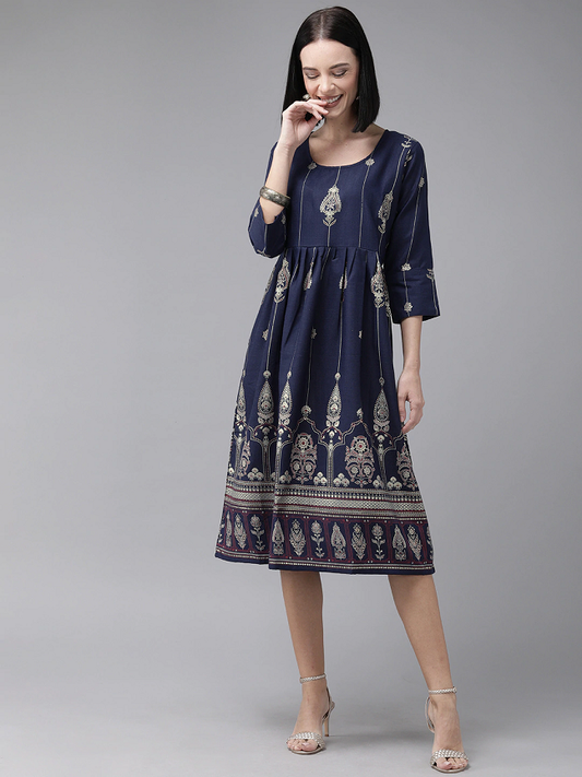 Women Navy Blue Ethnic Printed A-Line Dress