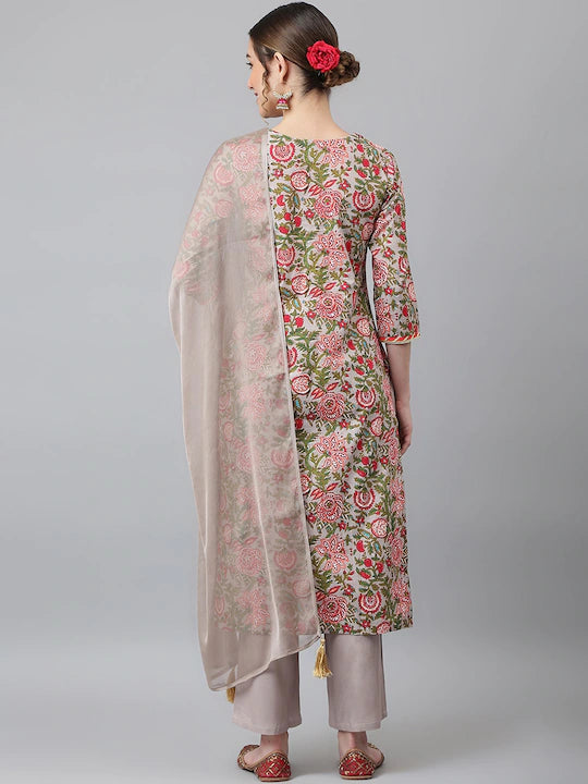 Women Grey Floral Printed Kurta with Trousers & With Dupatta