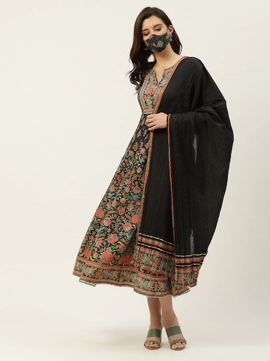 Black & Red Ethnic Motifs Ethnic Maxi Dress with Dupatta