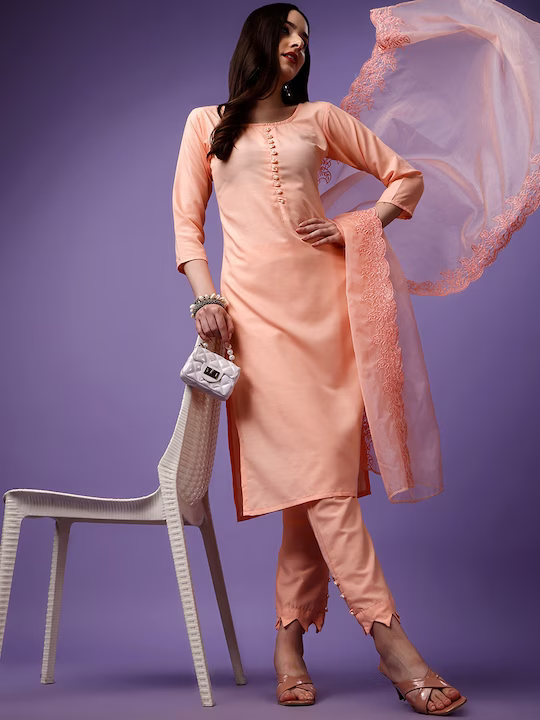 Women Round Neck Straight Kurta With Trousers & Dupatta