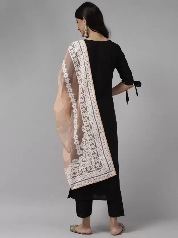 Women Embroidered Mirror-work Cotton Blend Black Kurta set