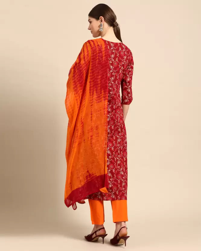 Women Cotton Red and Orange Kurta set