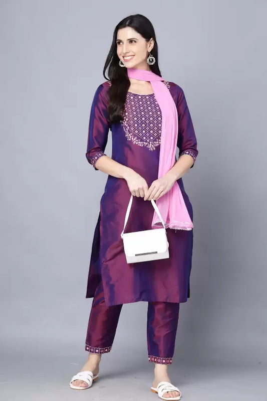 Women Purple Embrodiered Kurta, Pant And Dupatta Set Art Silk