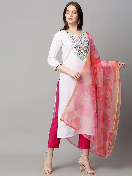 Women's Cotton Blend Solid Straight Kurta with Pant & with Translucent Dupatta