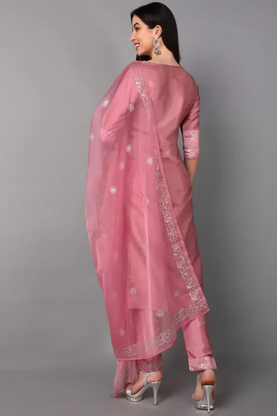 Women Silk Blend Pink Embroidered Kurta and Trousers Set