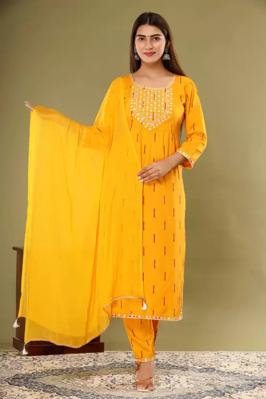 Women Mango Orange Embroidered Kurta, Pant and Dupatta set