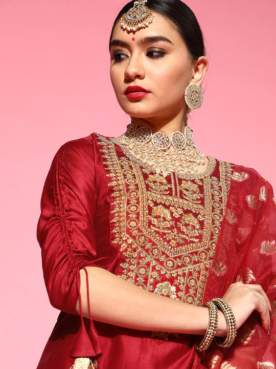 Women Ethnic Motifs Red Liva Kurta Set