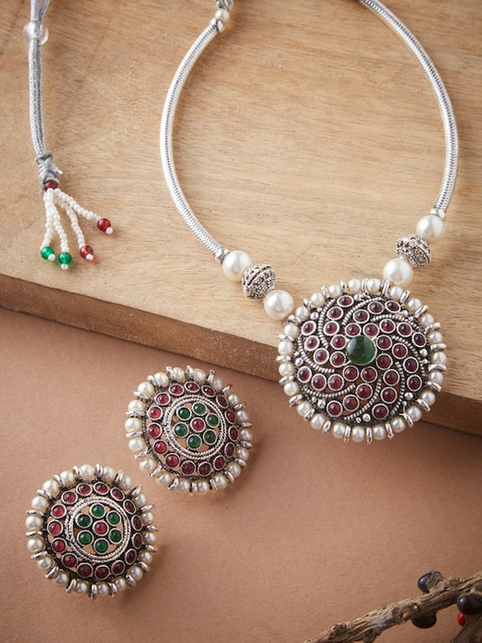 Silver-Plated Oxidized Stone-Studded Jewellery Set