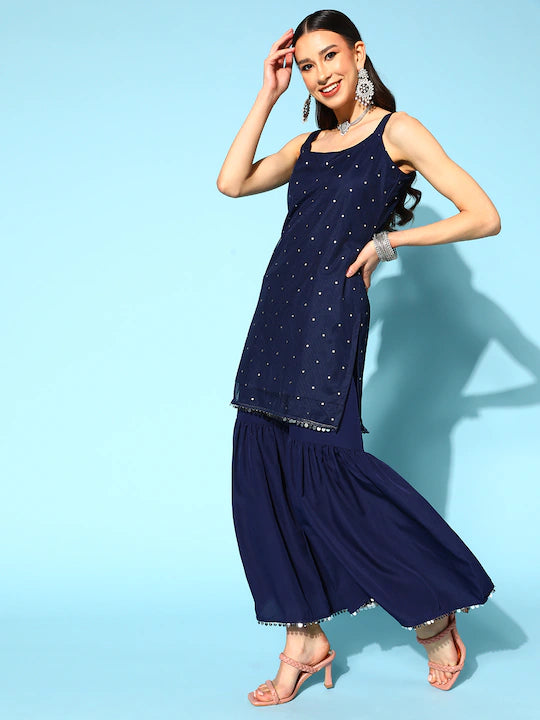 Women Blue Crepe Fusion Kurta Set