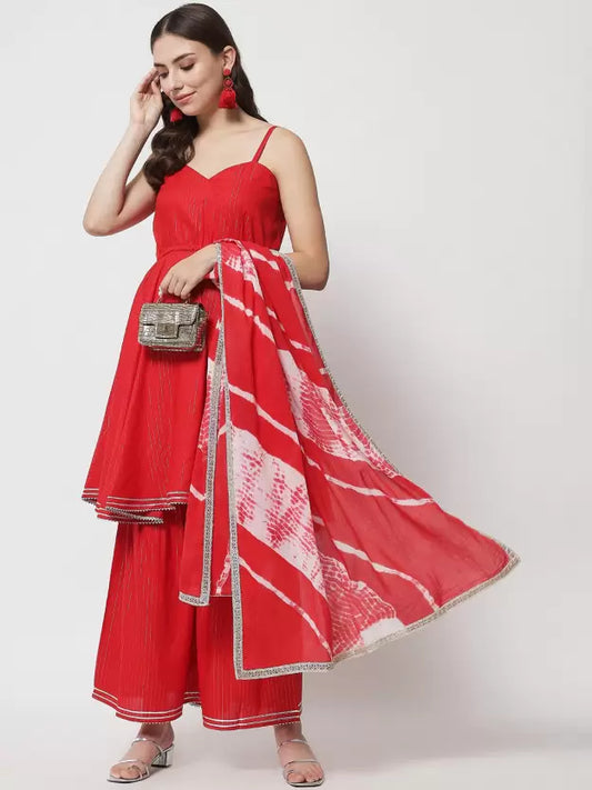 Women Red Viscose Rayon Sleeveless Kurta and Sharara Set