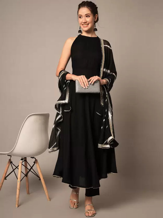 Women Sleeveless Black Viscose Rayon Kurta, Pant And Dupatta Set