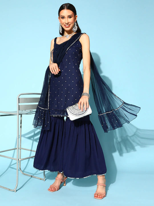 Women Blue Crepe Fusion Kurta Set