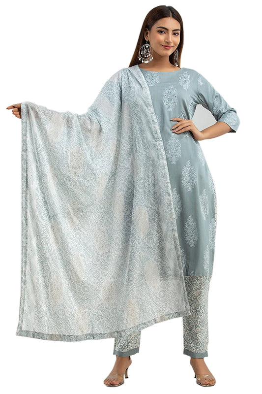 Women's Grey Designer Straight Kurti with Pant & Dupatta Set