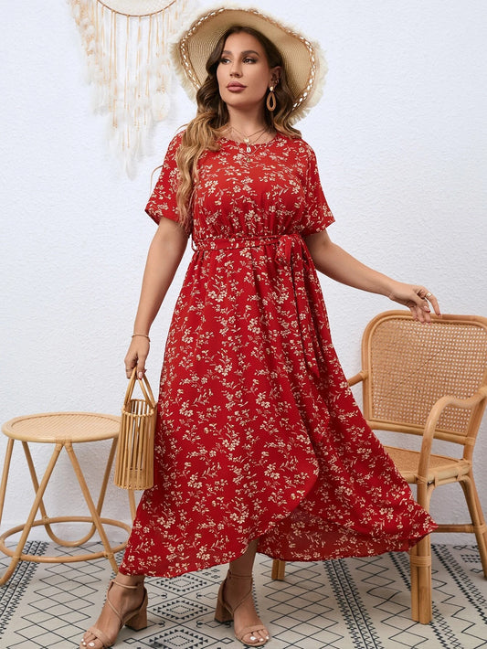 Plus Floral Print Batwing-Sleeve Red Dress