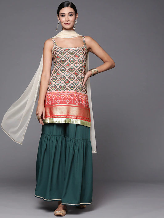 Women Green & Red Ethnic Motifs Print Kurti with Sharara & Dupatta