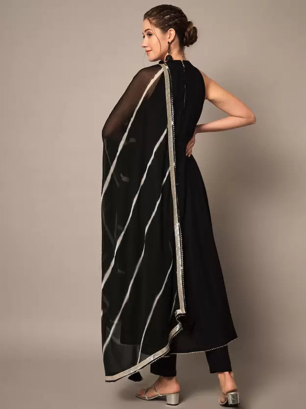 Women Sleeveless Black Viscose Rayon Kurta, Pant And Dupatta Set