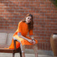 Women Orange & Navy Blue Solid Kurta with Trousers