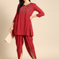Women Red Yoke Design A-Line Kurta with Dhoti Pants