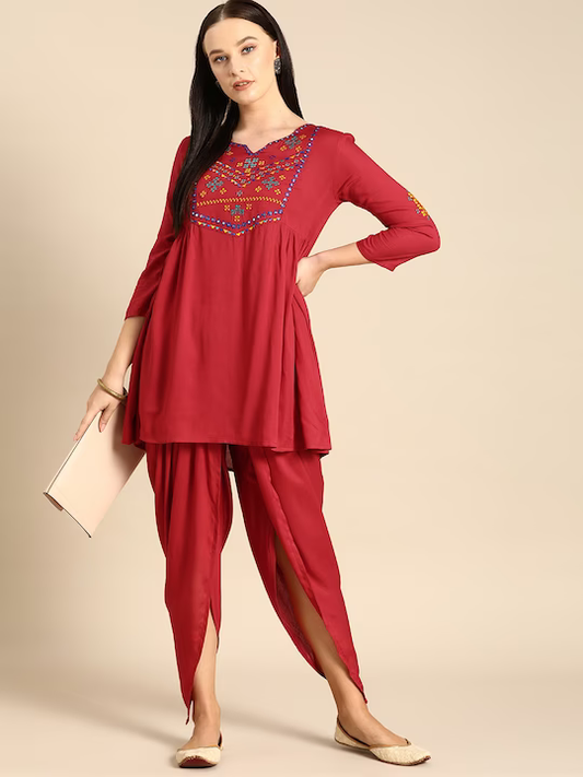 Women Red Yoke Design A-Line Kurta with Dhoti Pants