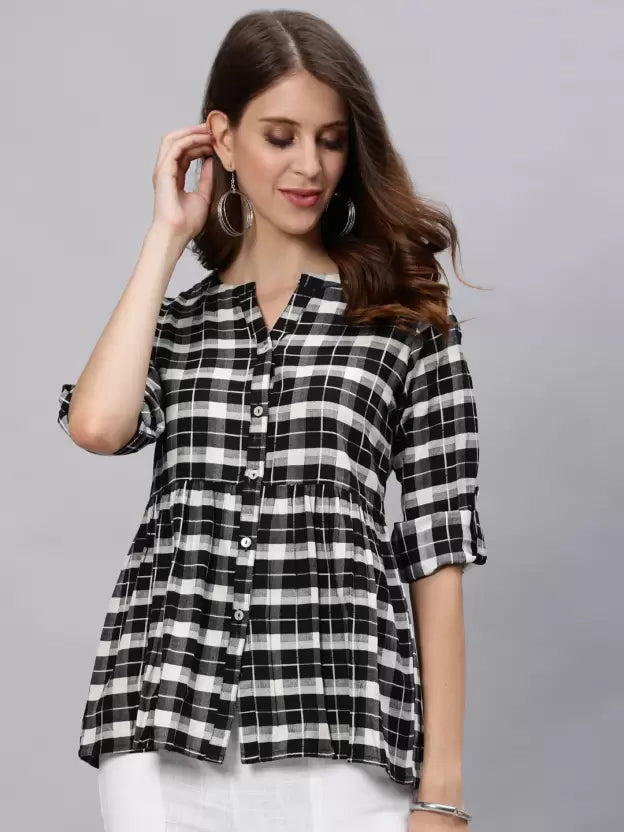 Casual Bell Sleeves Checkered Women Black Top