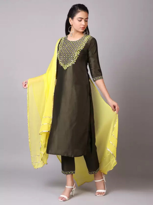 Women Dark Olive Green Art Silk Kurta and Palazzo Set with Yellow shawl