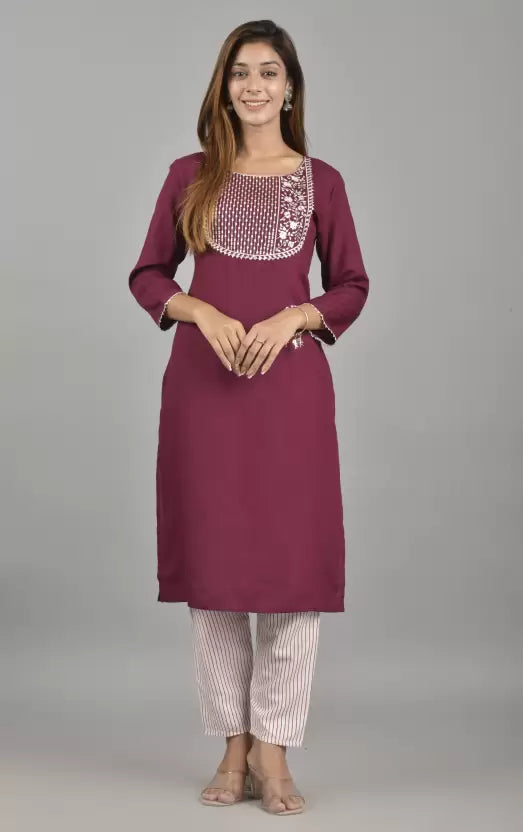 Women Viscose Rayon Wine Kurta and Pant Set