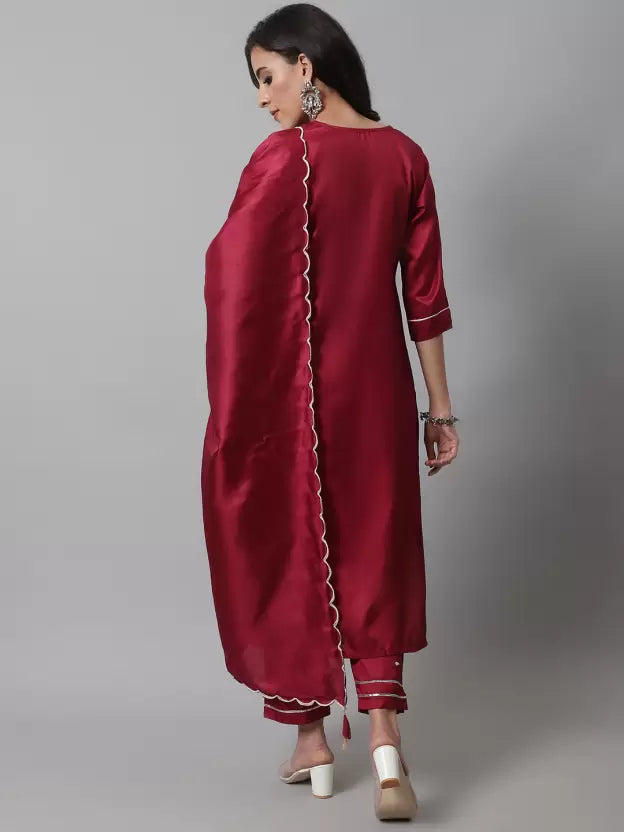 Women Embroidered Cotton Silk Kurta, Pant And Dupatta Set